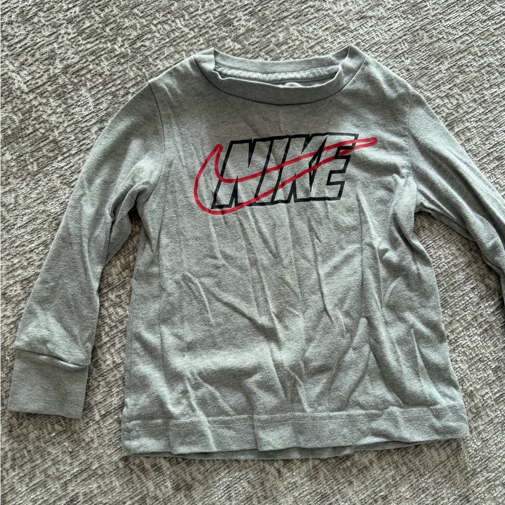 Nike Kids Grey Long-Sleeve Logo Tee with Red Swoosh